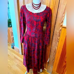 Vintage 1980s Laura Ashley Rich Red Wool Midi Dress with Lace Collar